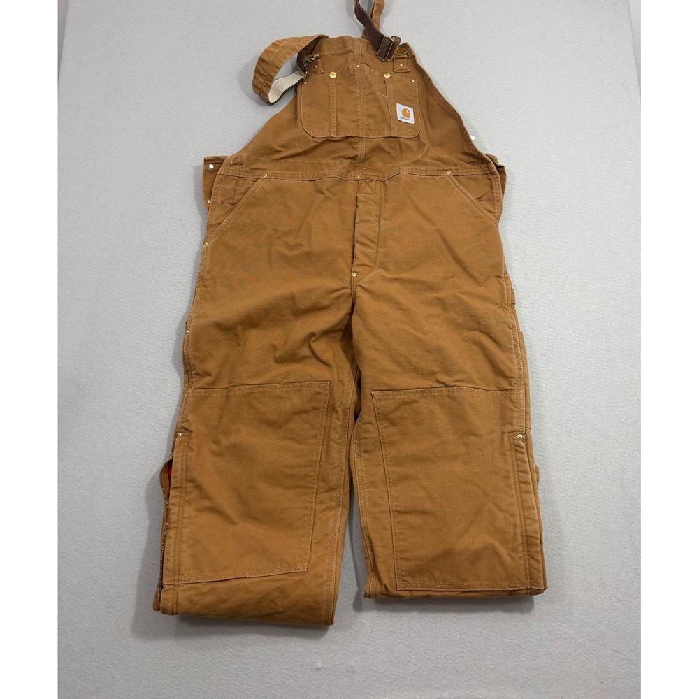 Carhartt Overalls Men 44 X 30 Brown Quilt Lined Duck Bib Double Knee Workwear